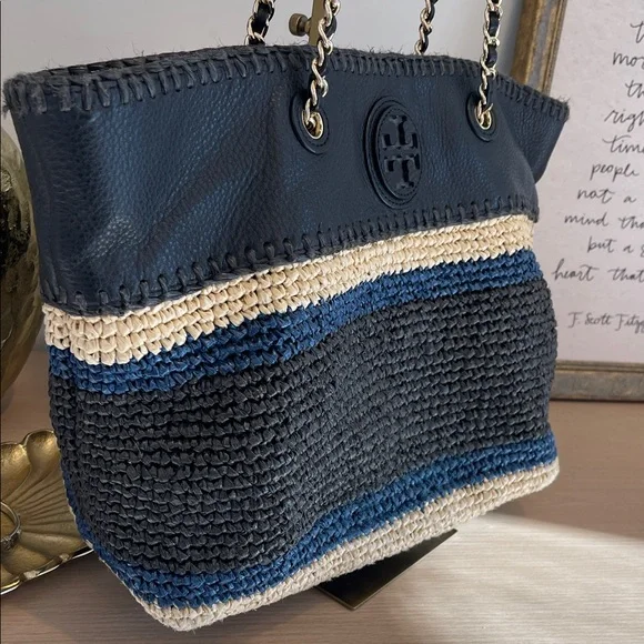 Tory Burch Black, Cream and Navy Woven Tote - Picture 5 of 8